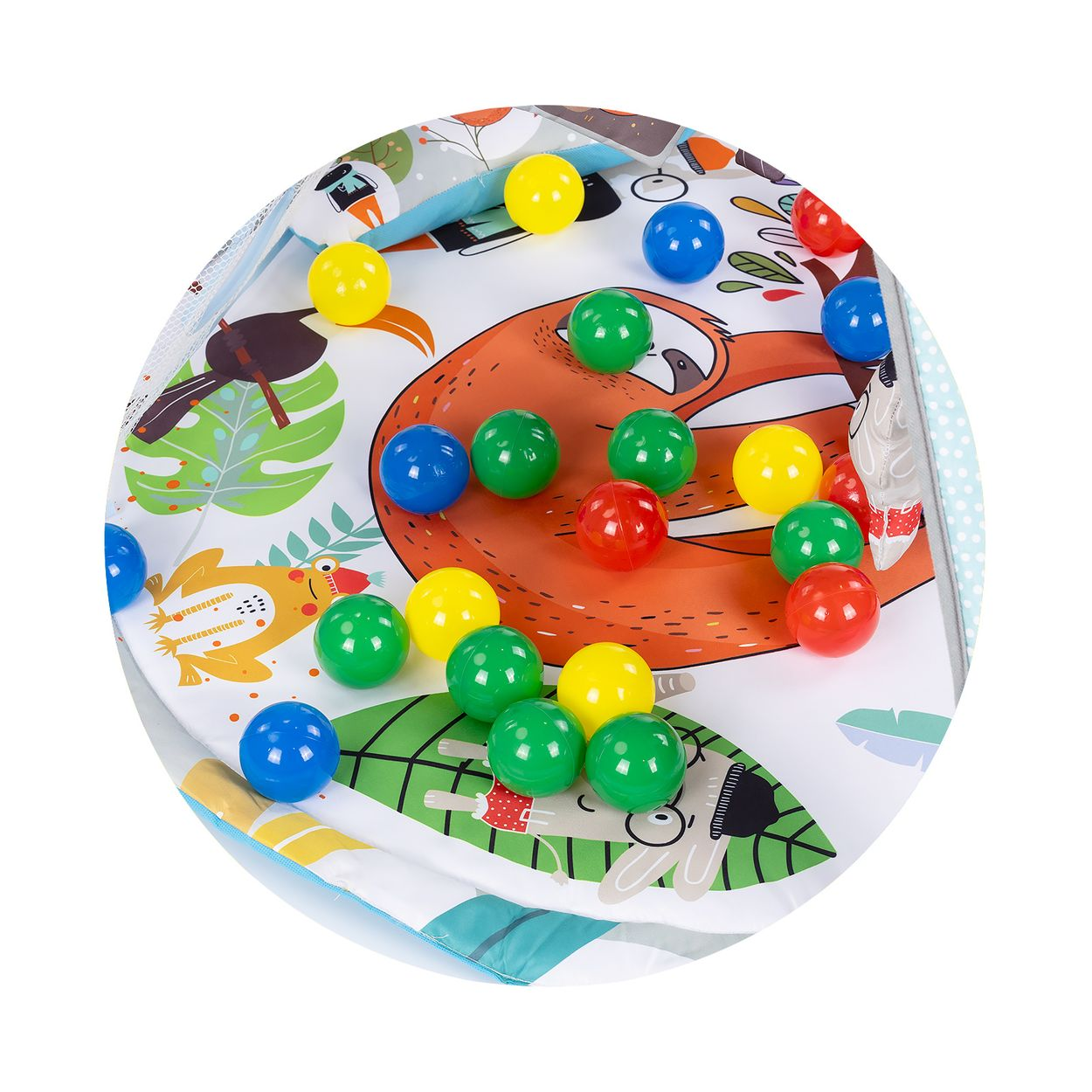Bunte Spielbälle auf einer farbenfrohen Activity-Krabbeldecke mit Tiermotiven.
