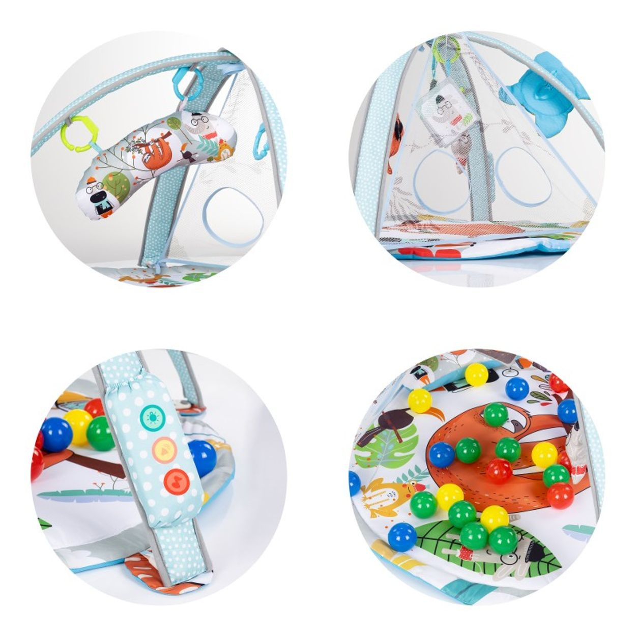 Vier runde Detailaufnahmen einer bunten Babykrabbeldecke mit Spielbogen und bunten Bällen.