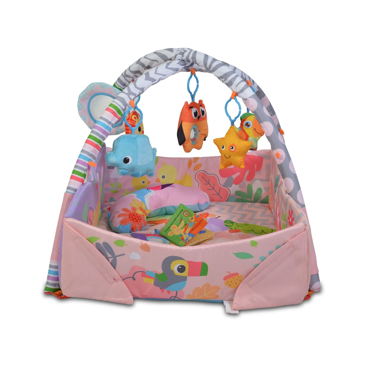 Buntes Baby-Spielcenter mit hängendem Spielzeug, Kissen und Tiermustern auf rosa Untergrund.