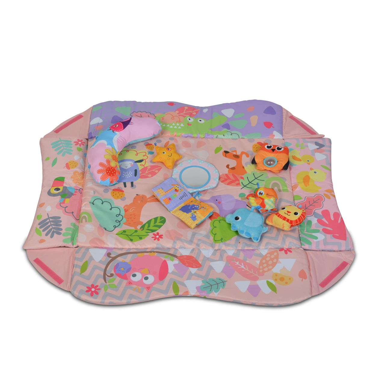 Bunte rosa Spielmatte für Babys mit Tiermustern, Kissen, Spiegel und Plüschspielzeug.