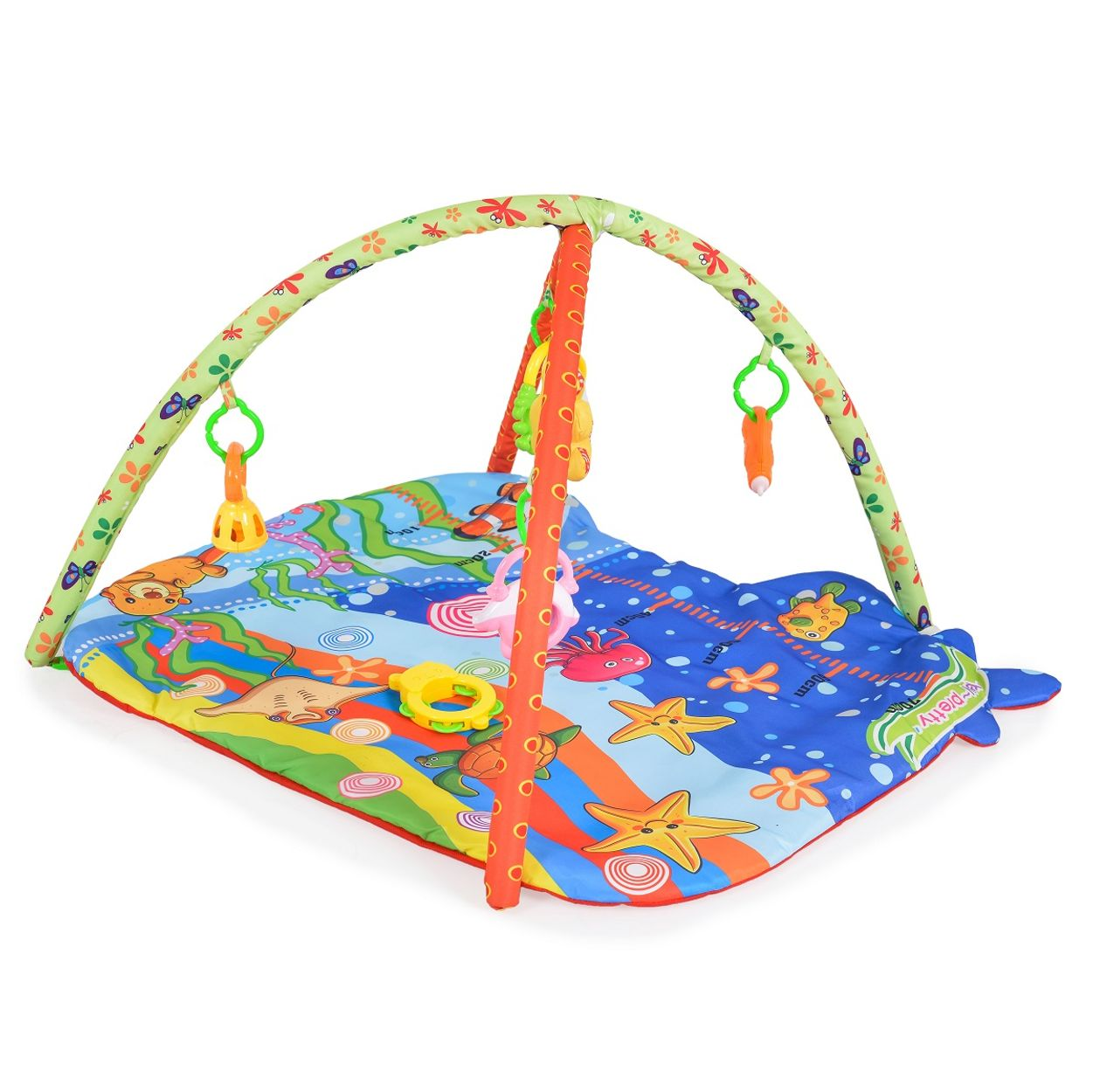 Buntes Babyspielkissen mit Meerestieren und Hängefiguren.