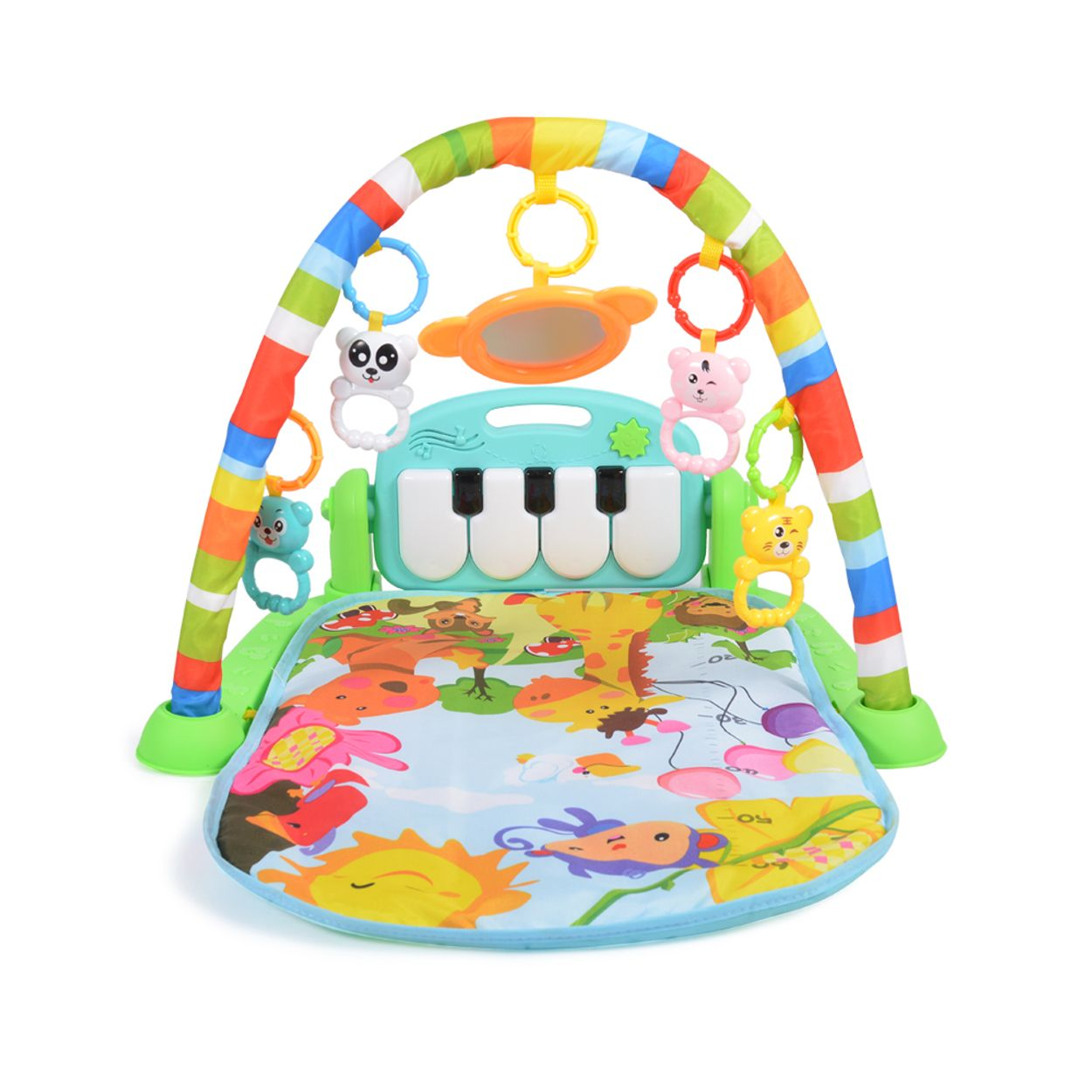 Buntes Baby-Spielgymnastik mit Klavier, Hängespielzeug und Tiermotiven.