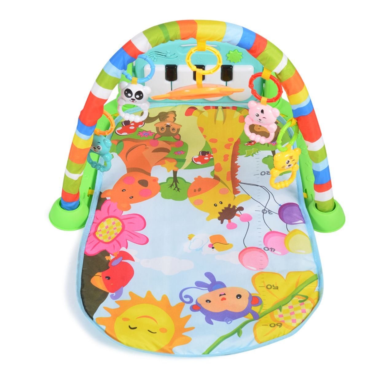 Farbenfroher Babyspielbogen mit bunter Krabbeldecke, Klavier und hängendem Tierspielzeug.
