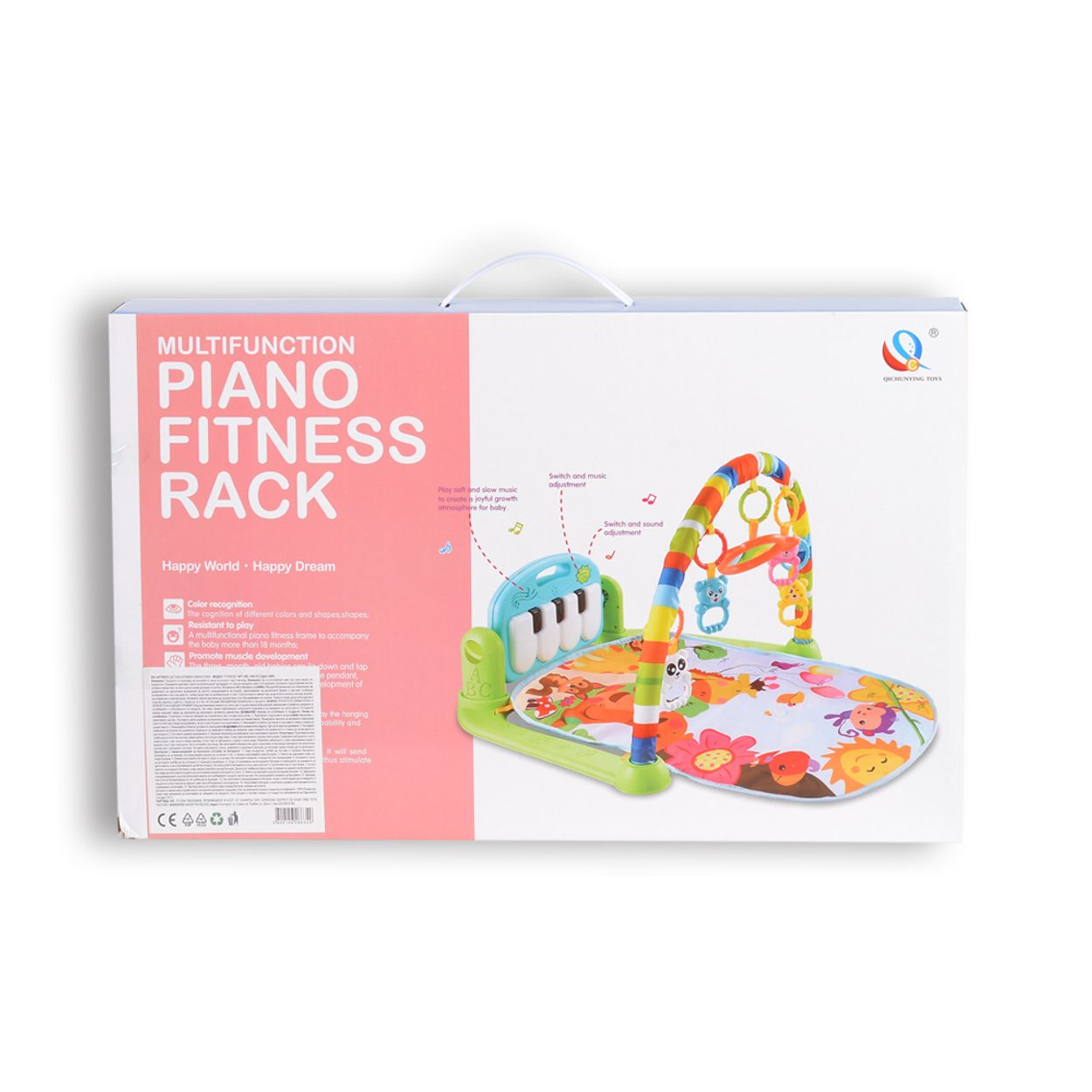 Verpackung eines bunten Multifunktions-Klavier-Fitness-Racks für Babys mit Spielmatte und Hängebogen.