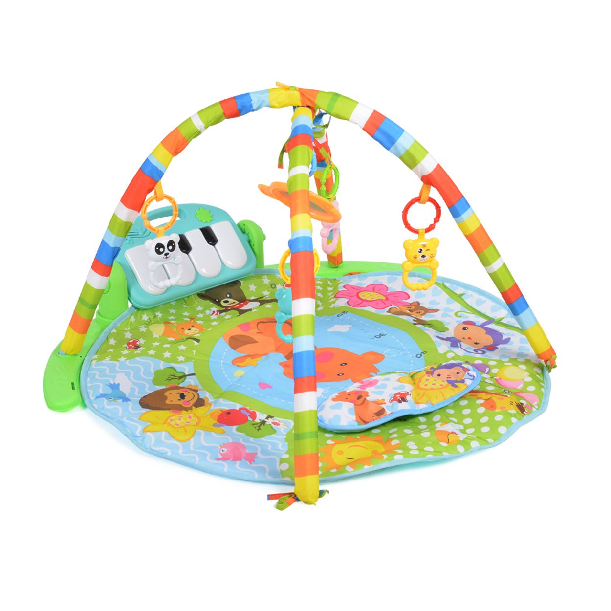 Bunt gemusterte Baby-Spieldecke mit farbigen Bögen, Hängespielzeug und einem kleinen Klavier am Kopfende.
