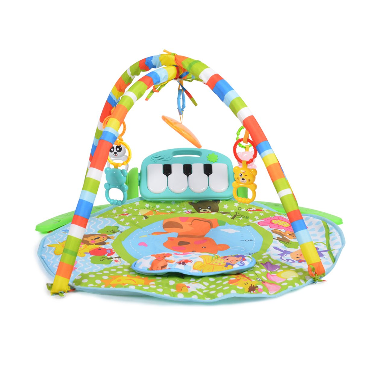 Bunte Baby-Spieldanke mit farbigen Bögen, hängendem Spielzeug und einem kleinen Klavier.