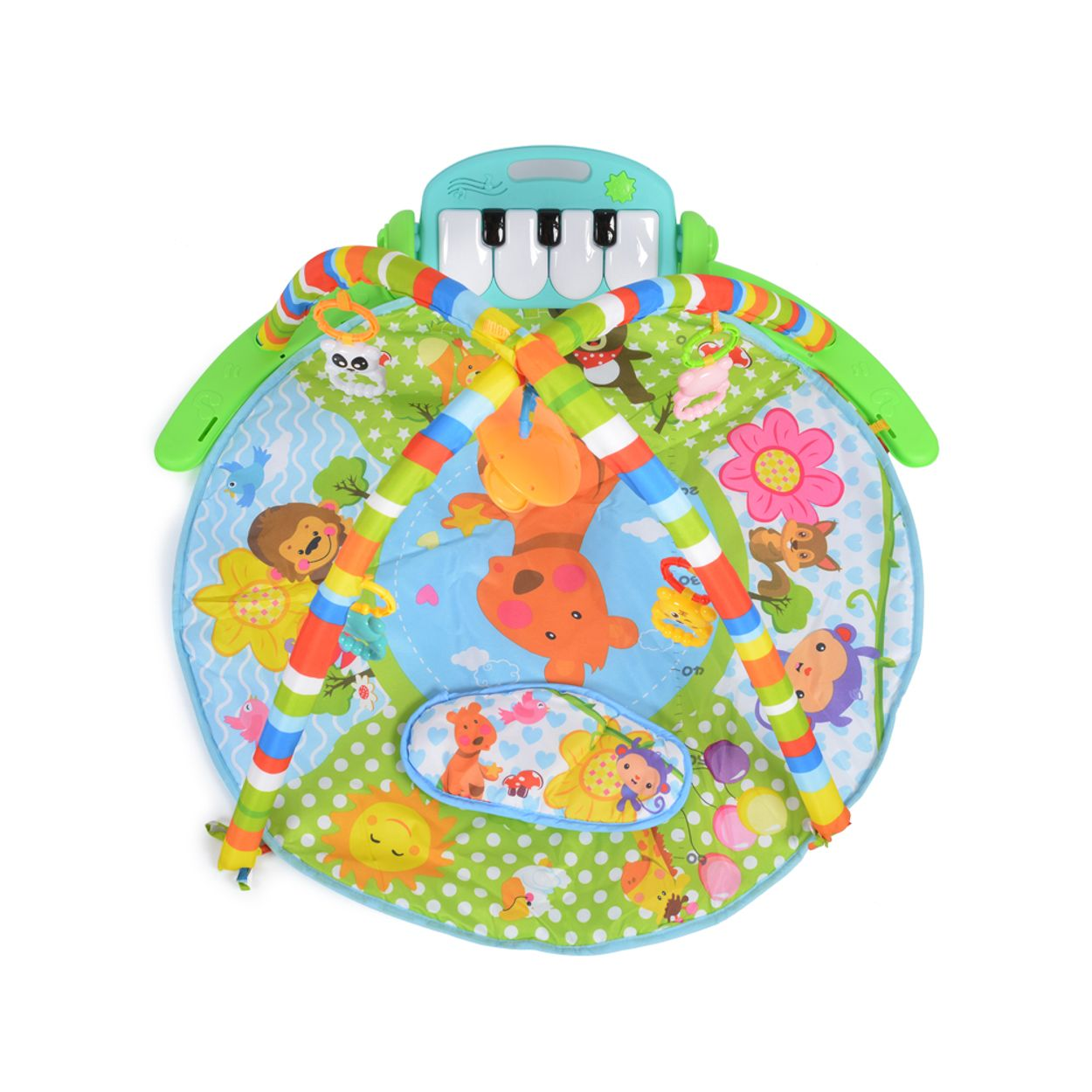 Buntes Babyspielkissen mit Klavier und hängendem Spielzeug auf weißem Hintergrund.
