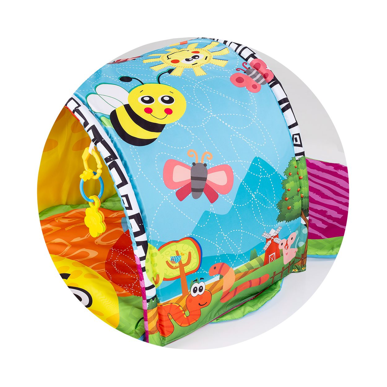 Buntes Babyspielzelt mit fröhlichen Tiermotiven wie Biene und Schmetterling auf blauem Himmel.