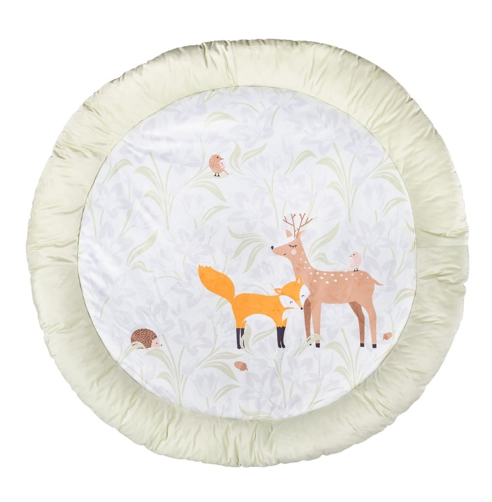 Runde Babyspielmatte mit gepolstertem hellgrünem Rand und Waldtiermotiven auf weißem Grund.
