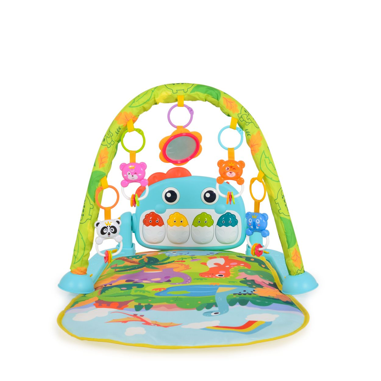 Buntes Babyspielnest mit grünem Bogen, blauem Klavier und hängendem Tierviertel auf weißem Hintergrund.