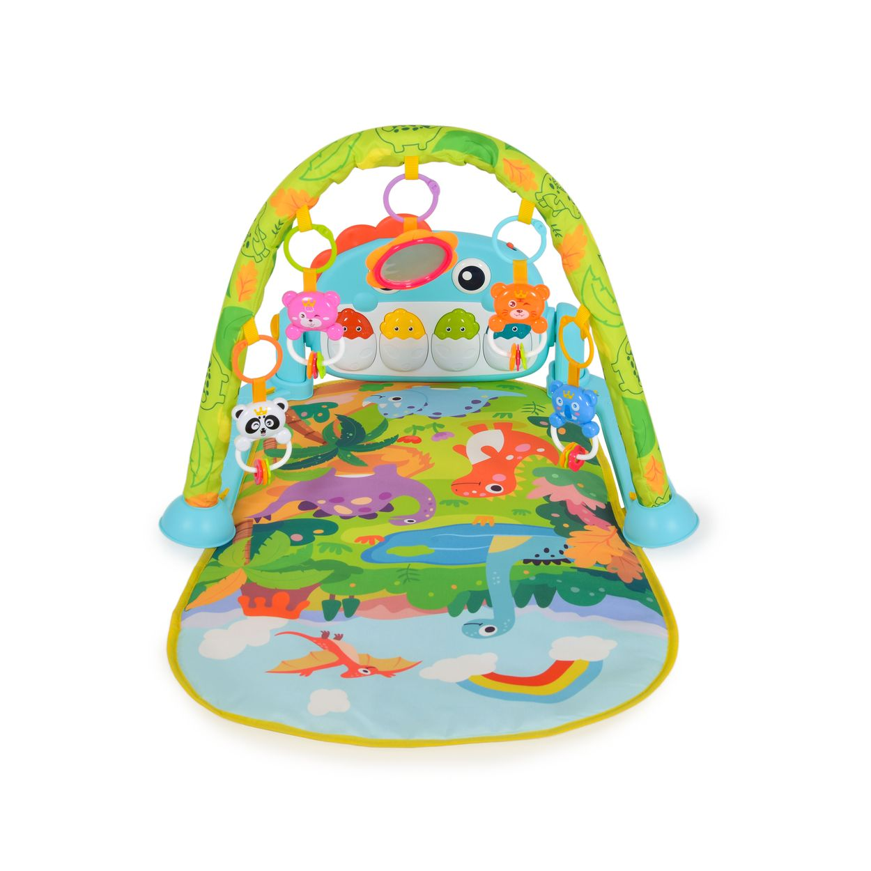Ein buntes Babyspieltrapez mit Dino-Spielmatte, Bogen, hängenden Spielzeugen und blauem Musik-Klavier.