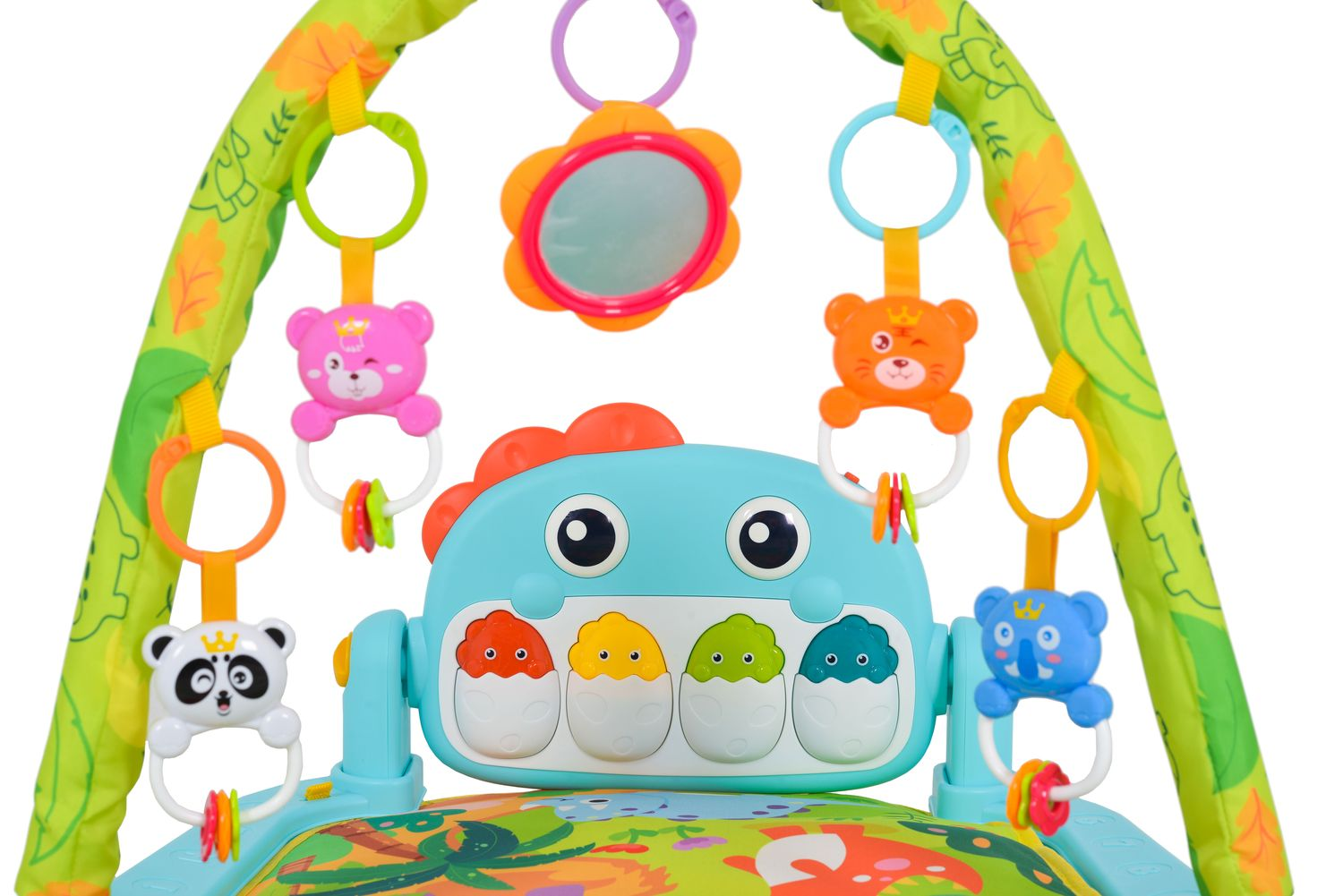 Buntes Babyspieltrapez mit hängenden Tieren, Spiegel und einer Dinosaurier-Klaviereinheit.