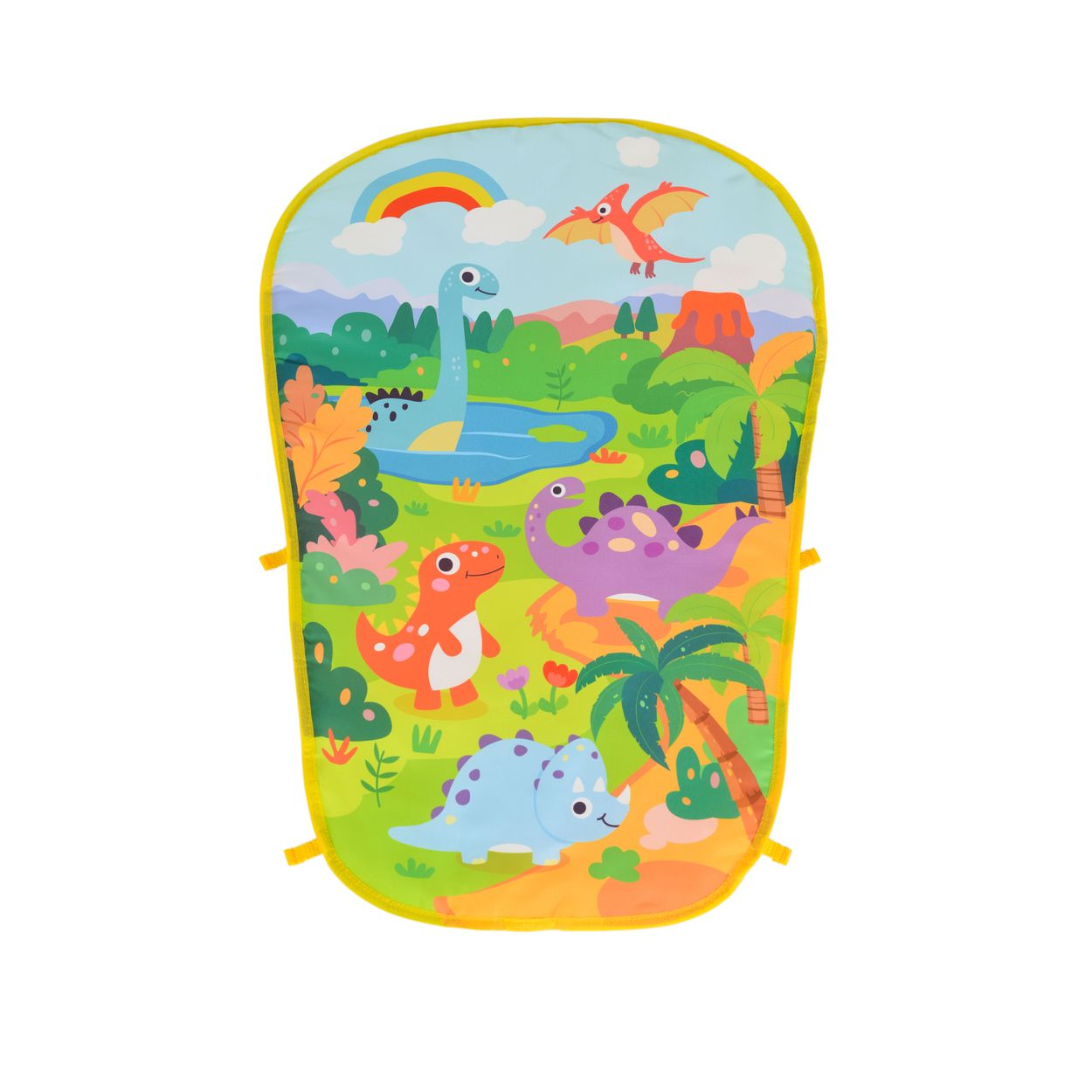 Eine bunte Babyspielmatte mit freundlichen Zeichentrick-Dinosauriern, einem Vulkan, einem Regenbogen und Palmen.