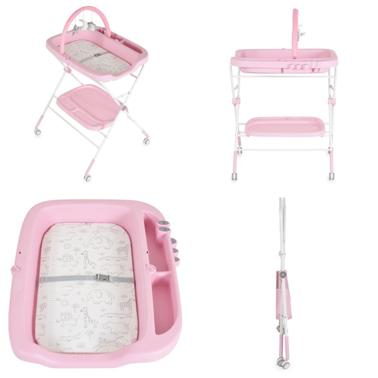 Rosa Babybadewanne und Wickeltisch mit weißem Gestell, Ablage und Tier-Musterauflage aus mehreren Blickwinkeln.