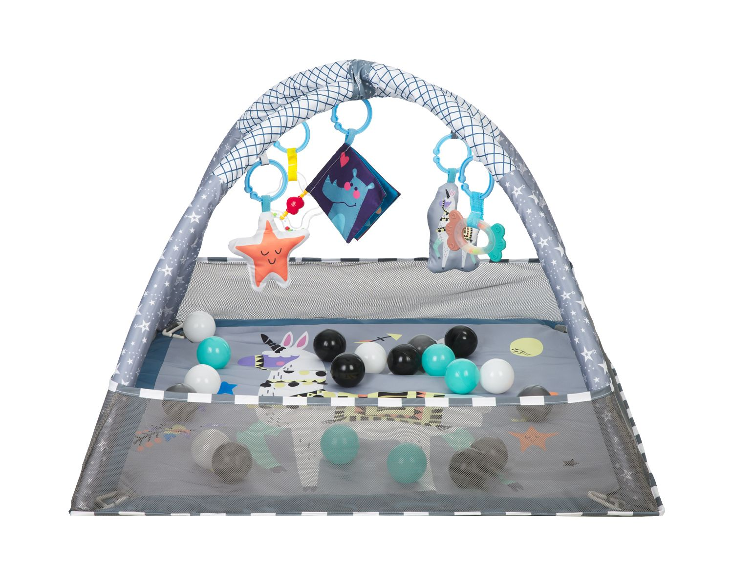 Ein grauer Babyspielbogen mit Hängespielzeug, einer Netzumrandung und bunten Bällen auf einer Tiermotiv-Matte.