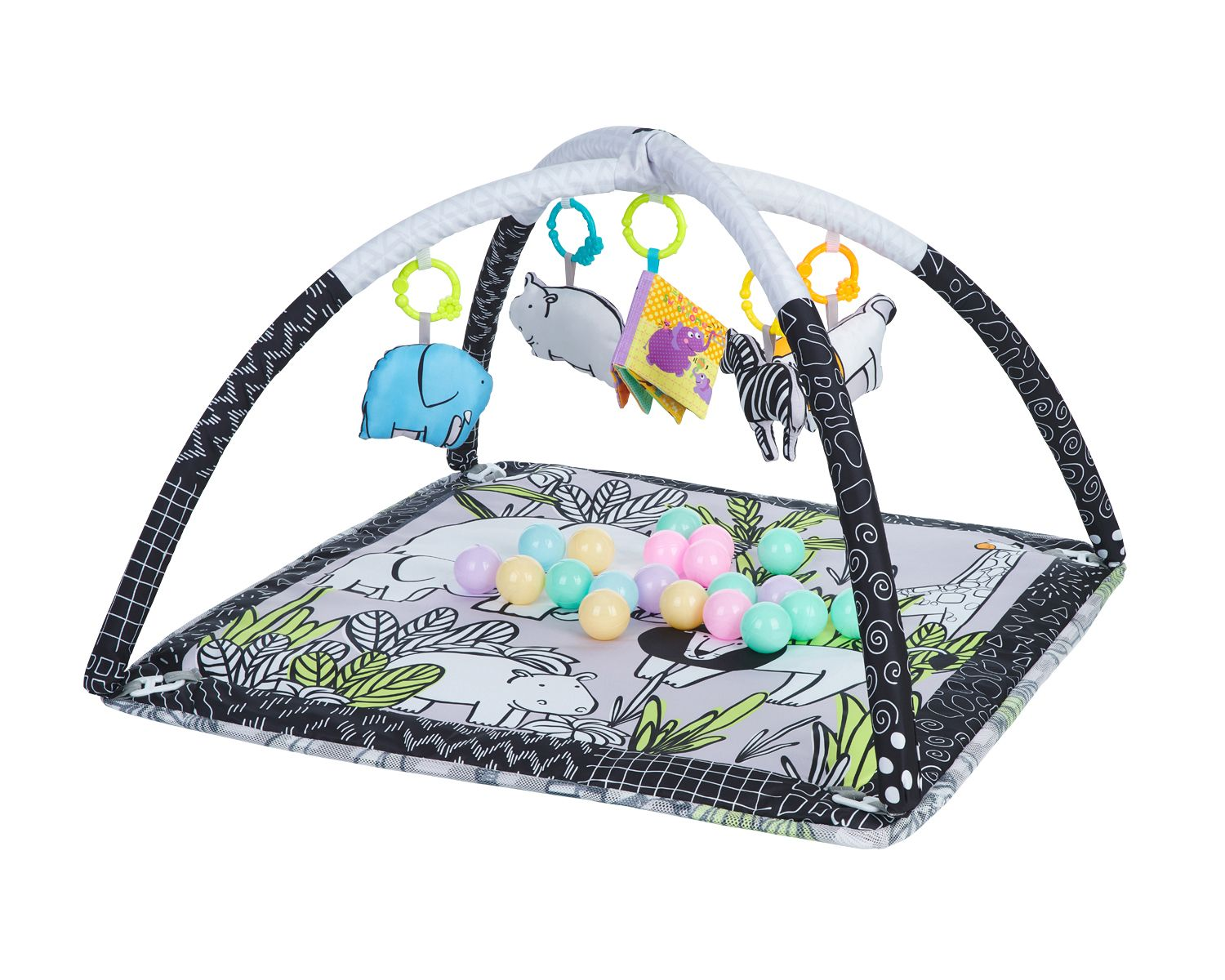 Schwarz-weiße Babyspieldecke mit Bögen, hängendem Spielzeug und bunten Bällen.