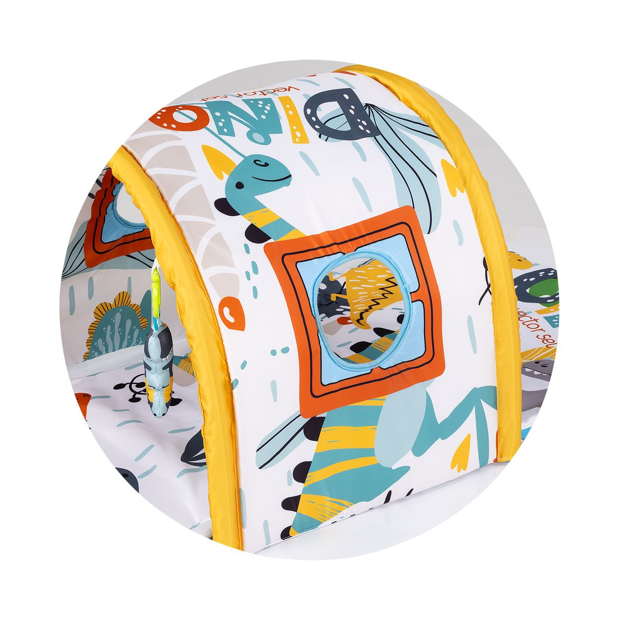 Buntes Kinderspielzelt mit Dinosaurier-Motiven und gelbem Rand.