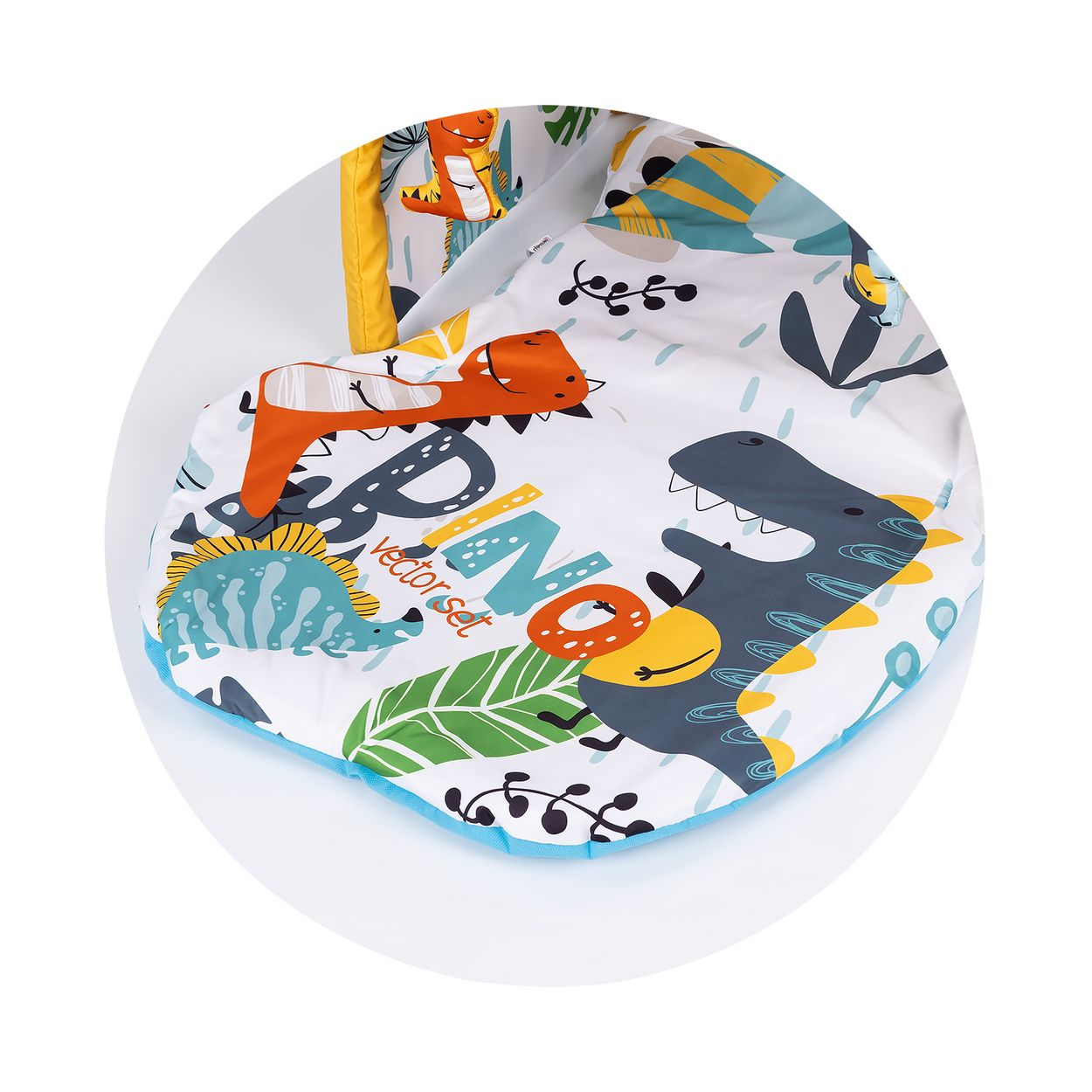 Bunte Baby-Krabbeldecke mit niedlichen Dinosaurier-Motiven und Pflanzen auf weißem Grund.