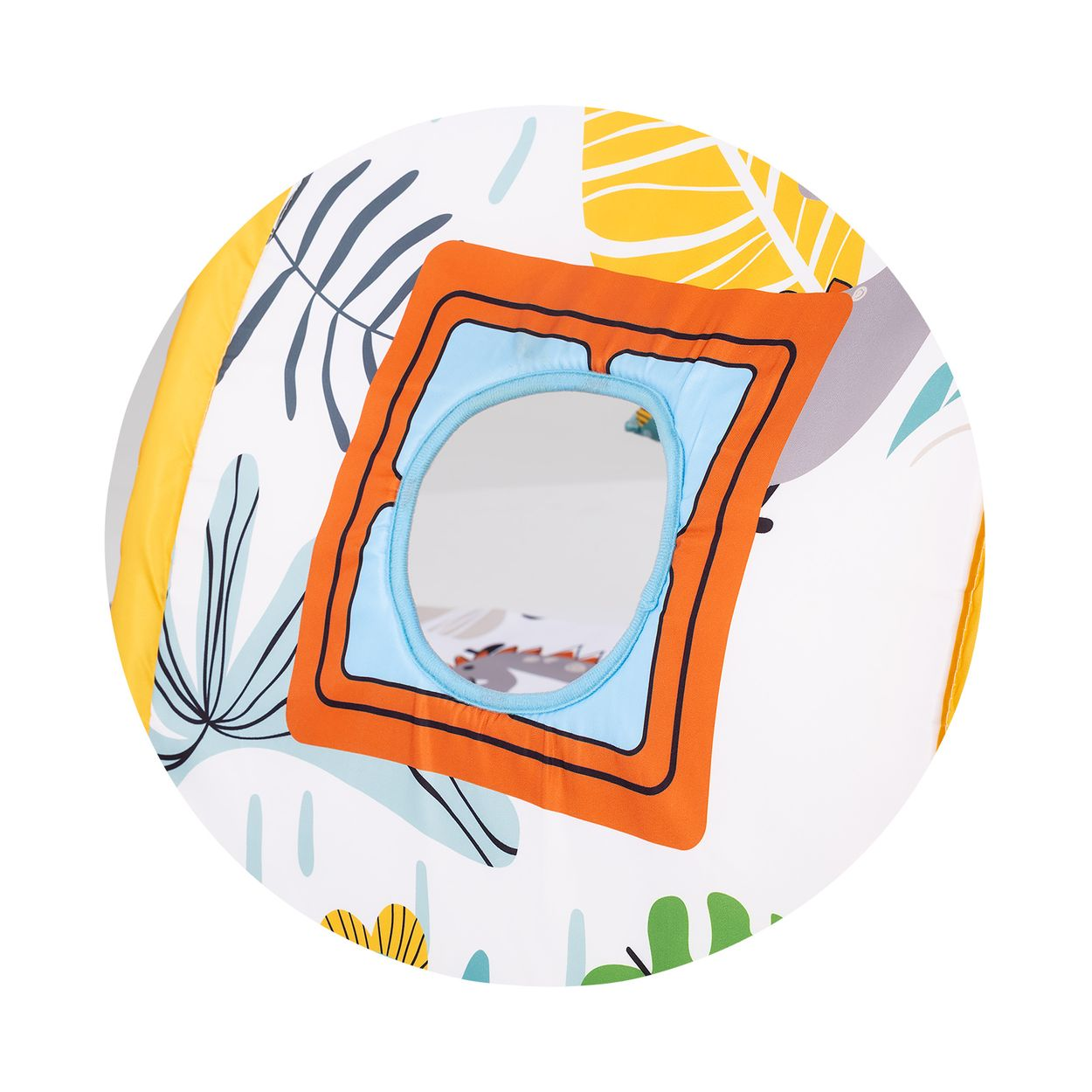 Runder Stoff mit Dschungelmuster und zentralem runden Spiegel in einem orangefarbenen Rahmen.