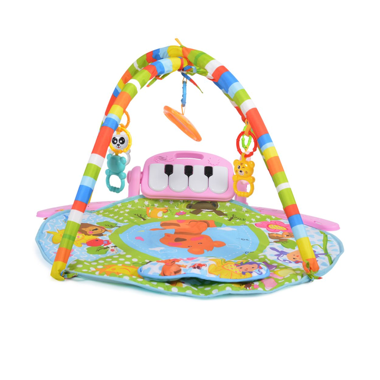 Ein buntes Babyspiel-Fitnessstudio mit gepolsterter Matte, Hängespielzeug und rosa Spielzeugklavier.