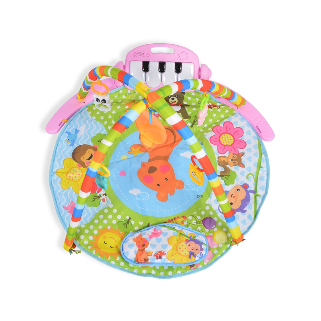 Ein buntes Babyspielcenter mit Spielmatte, Bögen, Hängetierspielzeug und einem rosa Spielklavier oben.