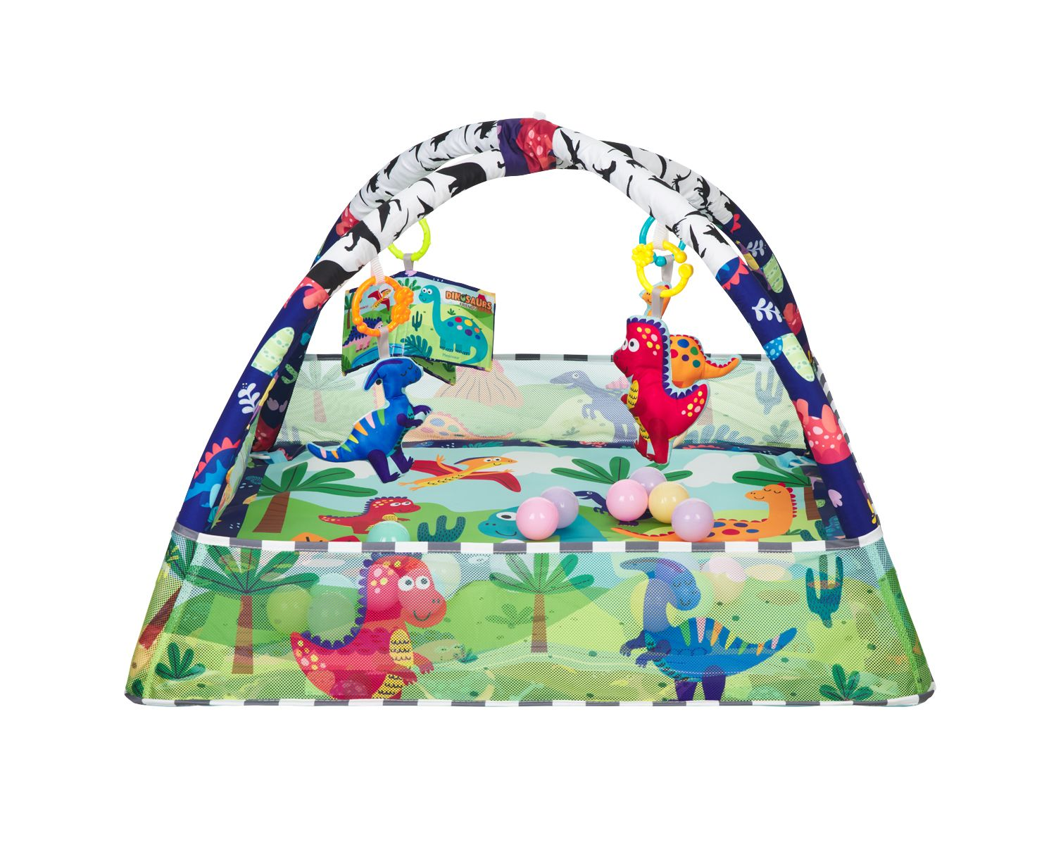Dinosaurier-Babyspieldecke mit Hängespielzeug, weicher Matte, Netzseiten und Bällen.