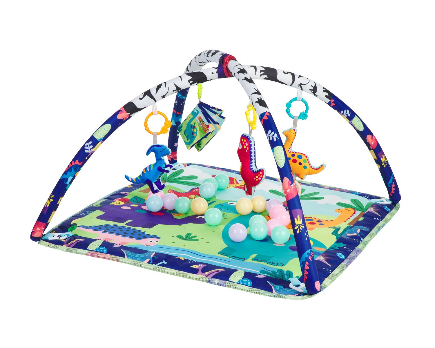 Eine bunte Babyspieldecke mit Dinosaurier-Motiv, hängenden Plüschtieren und Pastellbällen.