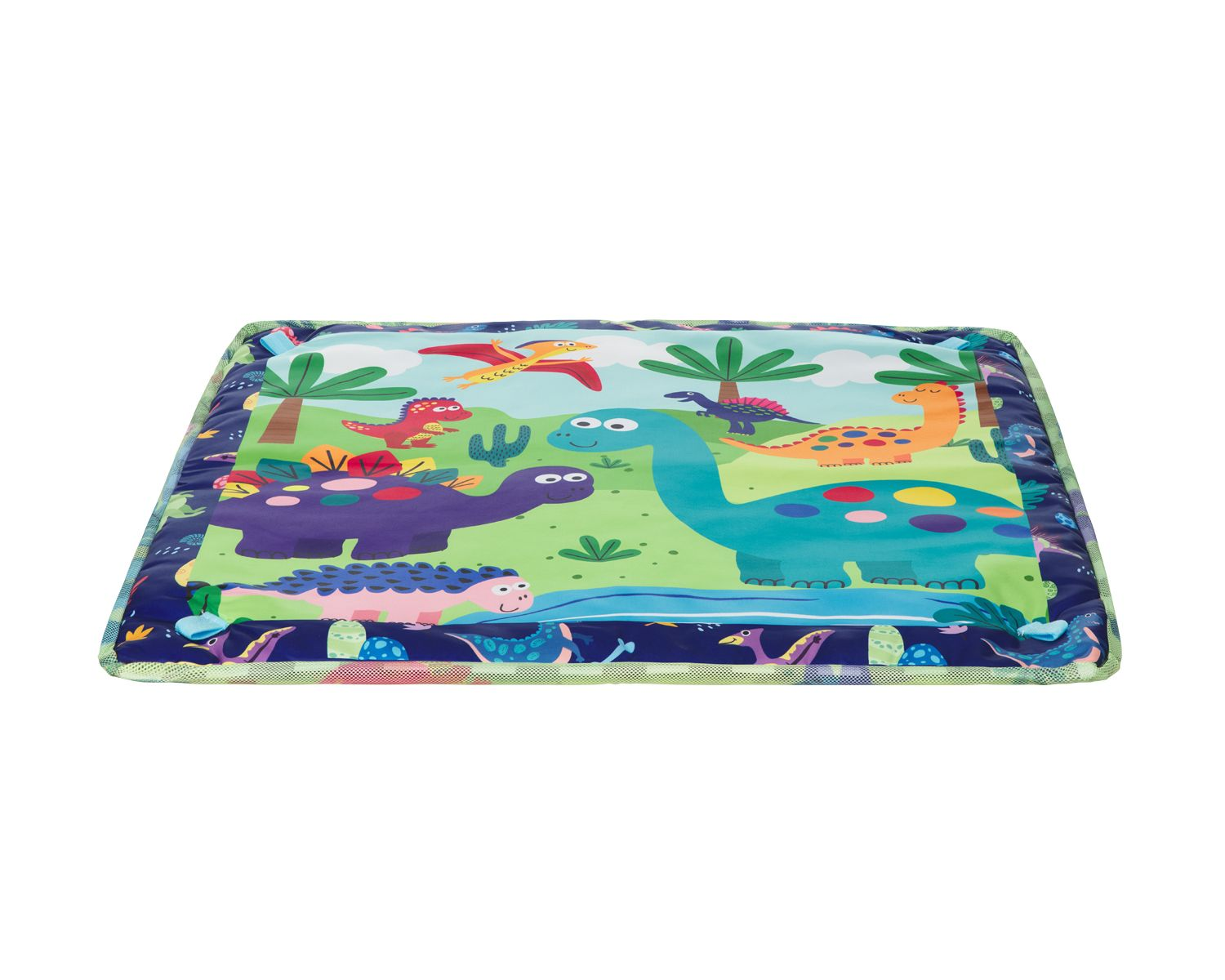 Bunte Babyspielmatte mit niedlichen Dinosauriern, Palmen und Bäumen vor einer grünen Wiesen- und Flusslandschaft.