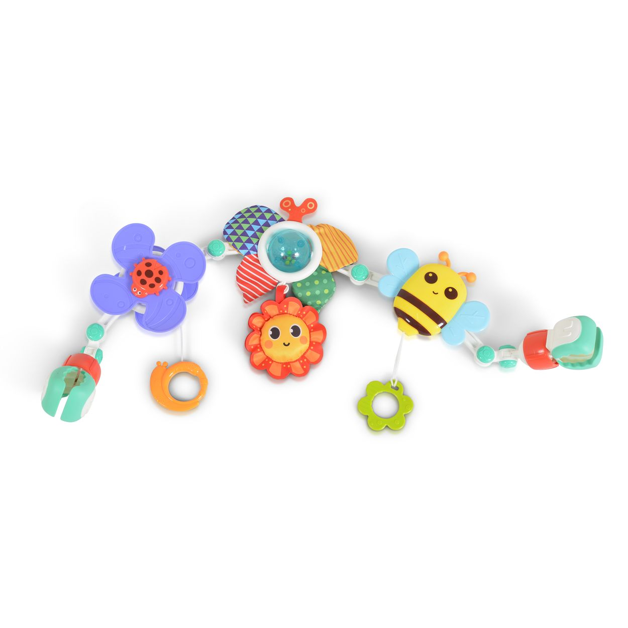 Ein bunter Kinderwagen-Spielbogen mit hängenden Figuren, einer lila Blume, einer Biene und Clips an den Enden auf Weiß.