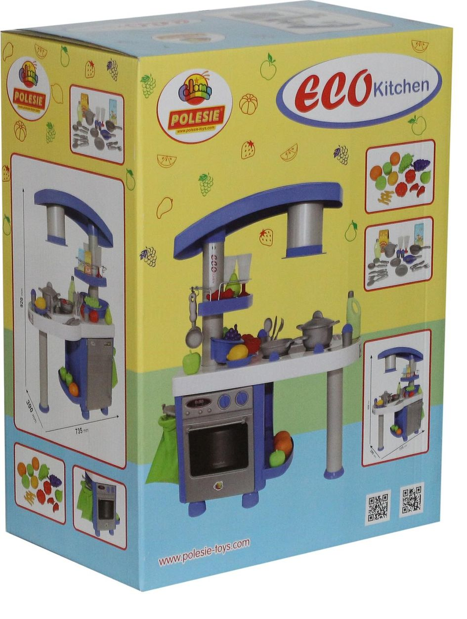 Eine gelbe Produktverpackung zeigt eine blaue und graue Spielzeug-Kinderküche mit Zubehör.