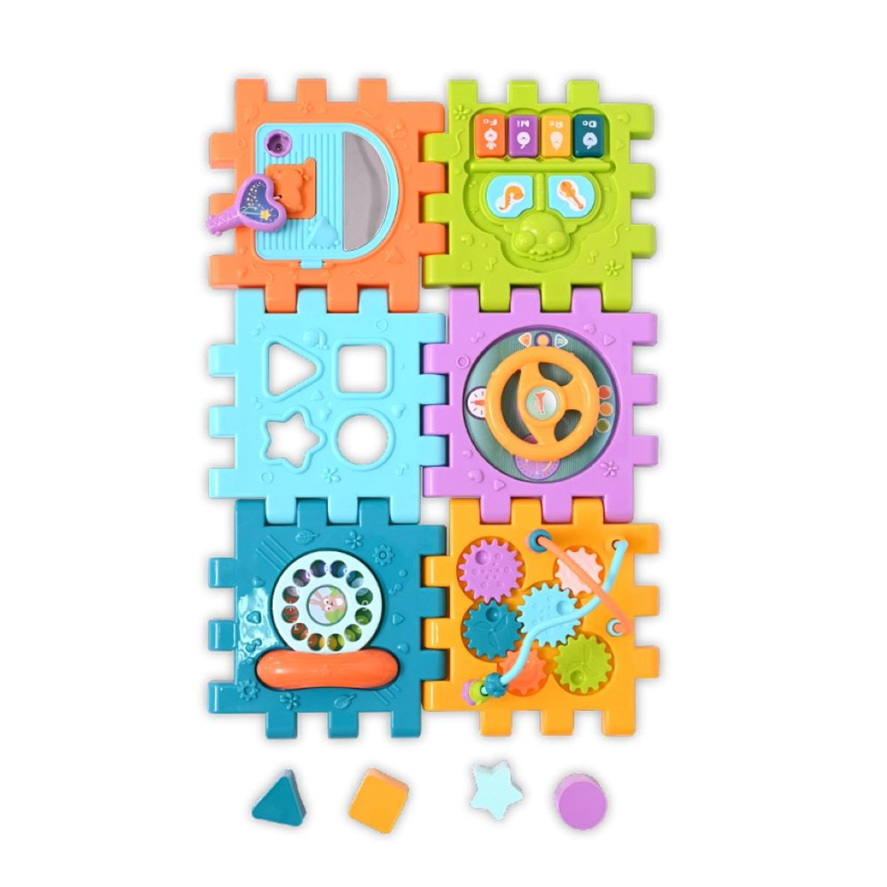 Ein buntes Babyspielzeug aus Plastik mit sechs interaktiven Tafeln mit Zahnrädern, Klaviertasten und Formen.