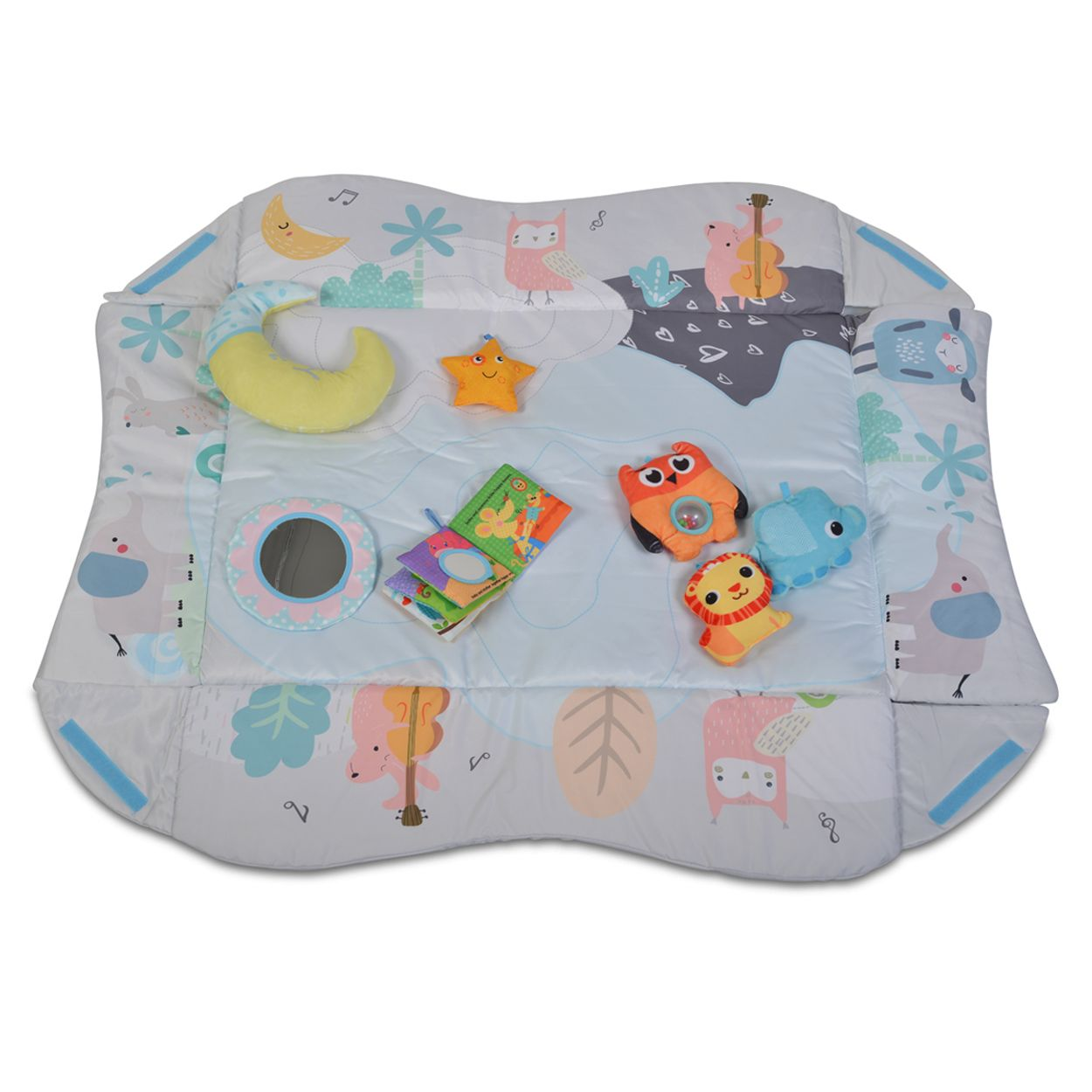 Buntes Babyspielkissen mit Tiermotiven, Spiegel, Plüschspielzeug und Kissen auf weißem Grund.