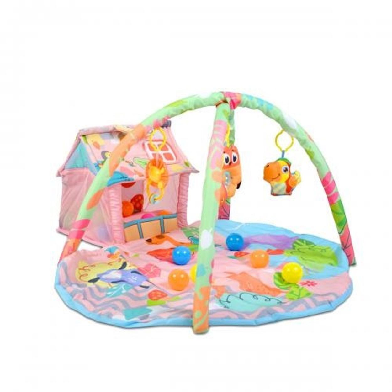 Bunte Baby-Spieldatte mit aufgestelltem Bogen, Stoffhaus und kleinen Spielbällen auf weißem Hintergrund.