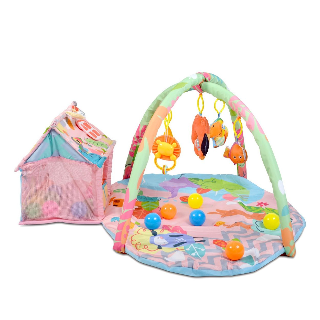 Buntes Baby-Spielcenter mit runder Matte, Bögen mit Hängespielzeug und einem kleinen Stoffhaus mit Bällen.