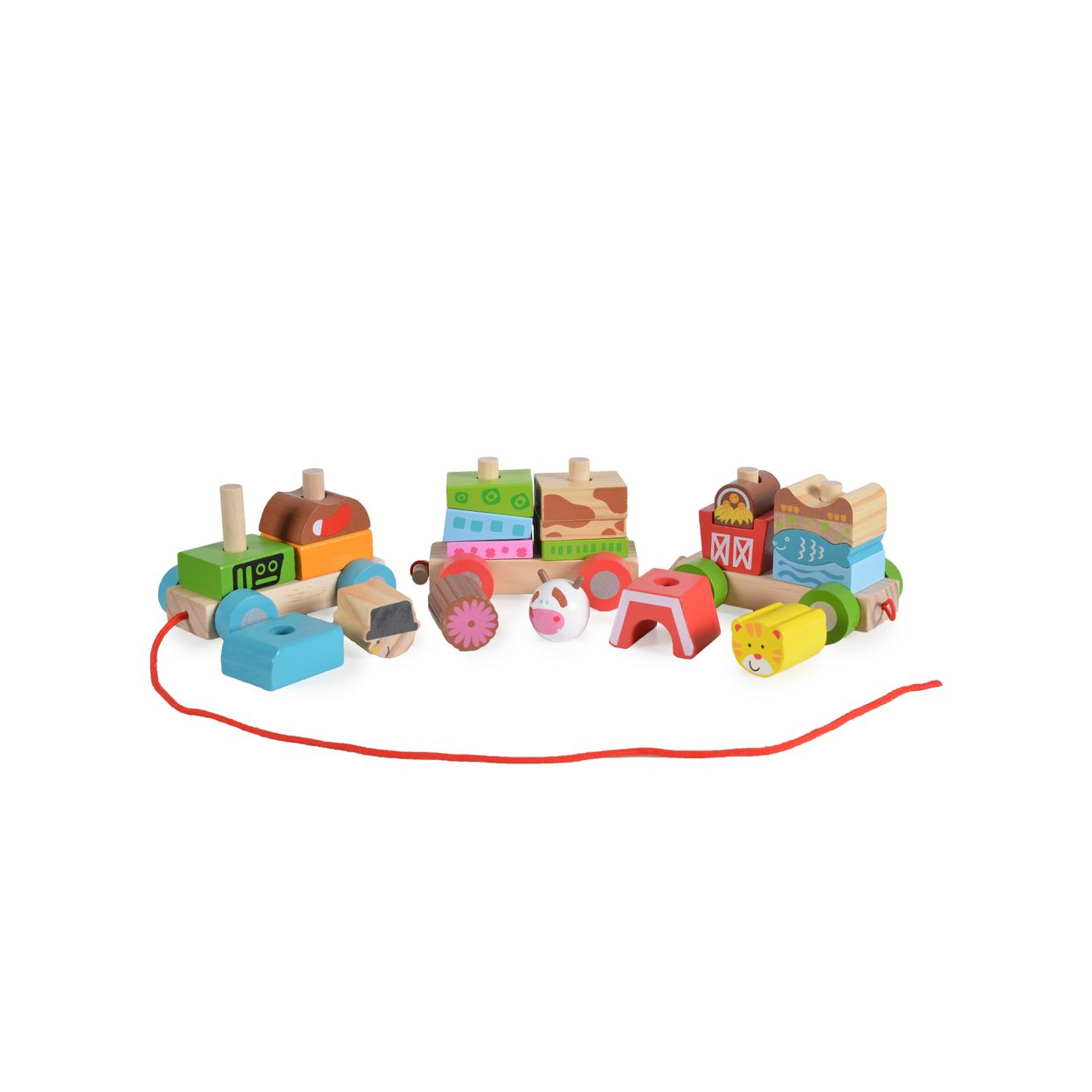 Buntes Holzspielzeug-Zugset mit Steckbausteinen und roter Ziehschnur auf weißem Grund.