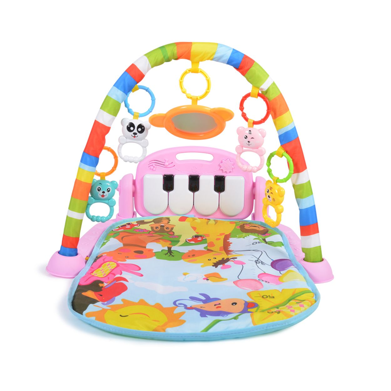 Buntes Babyspiel-Gym mit Klavier, Hängespielzeug und farbenfroher Krabbeldecke.