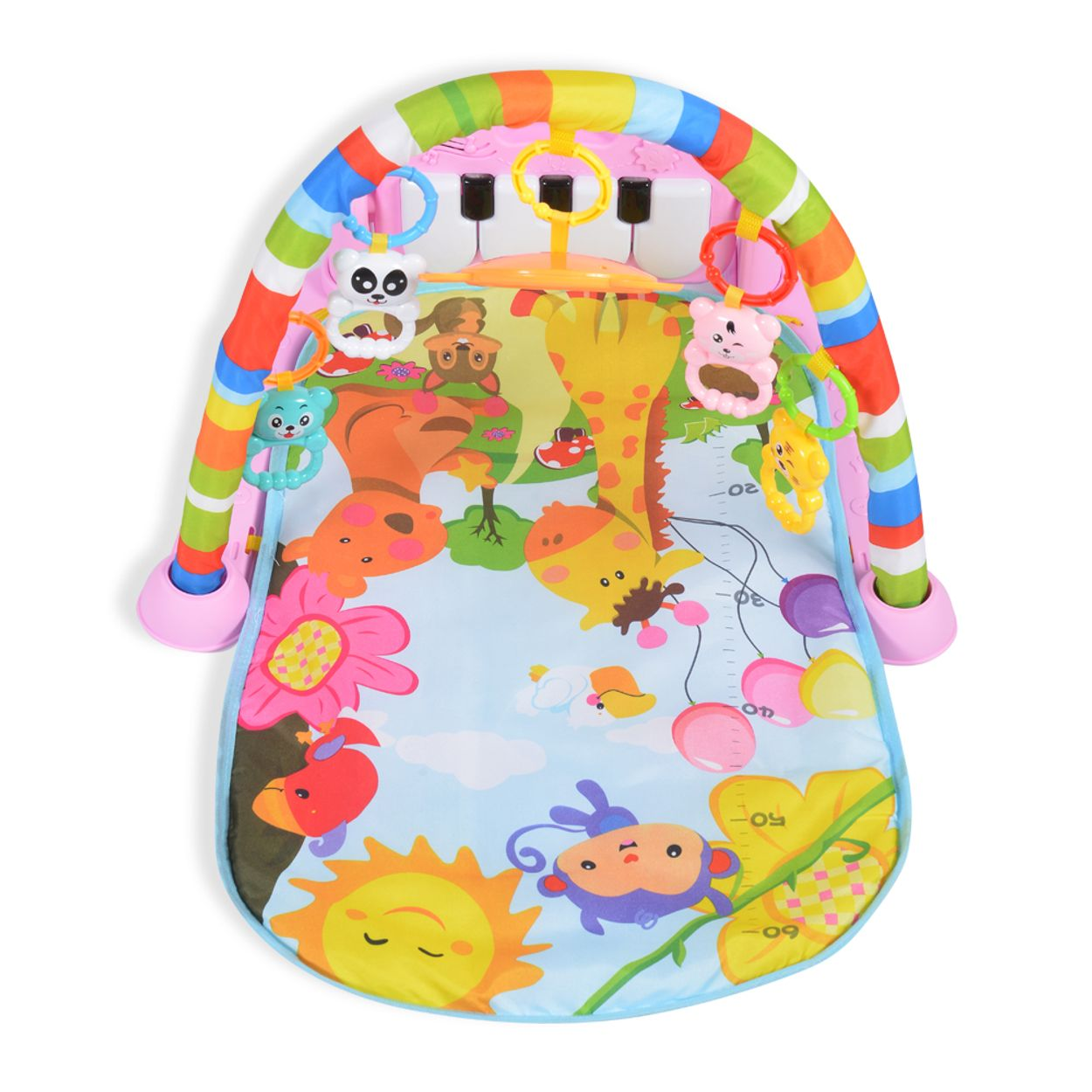 Bunte Babyspielmatte mit Tiermotiven, Spielbogen und Klavier.