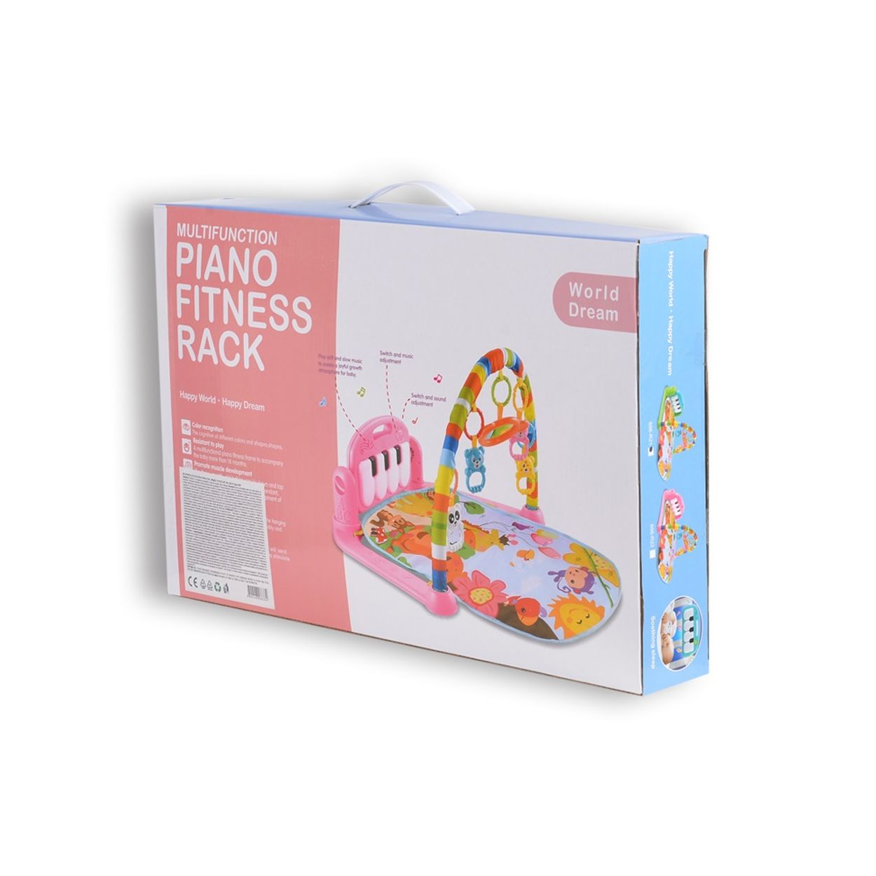 Eine Schachtel für ein Multifunktions-Klavier-Fitness-Gestell mit rosa und blauem Design und einem abgebildeten Spielzeug.