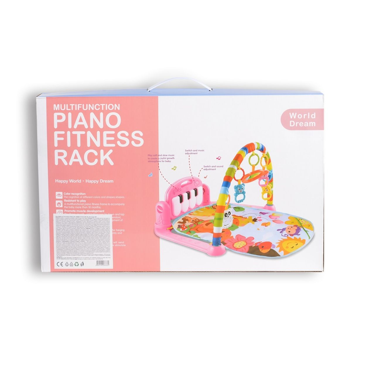 Verpackung eines rosafarbenen Multifunktions-Klavier-Fitness-Racks für Babys mit Spielzeug.