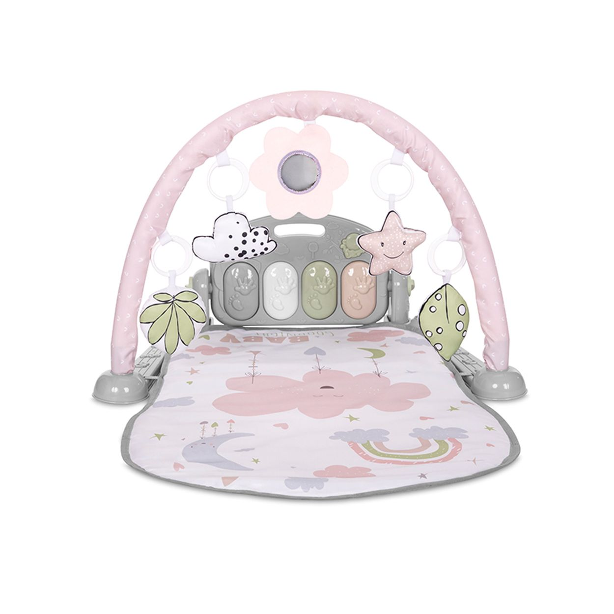 Rosa Baby-Spieldecke mit Bogen, hängendem Spielzeug und einem Klavier.