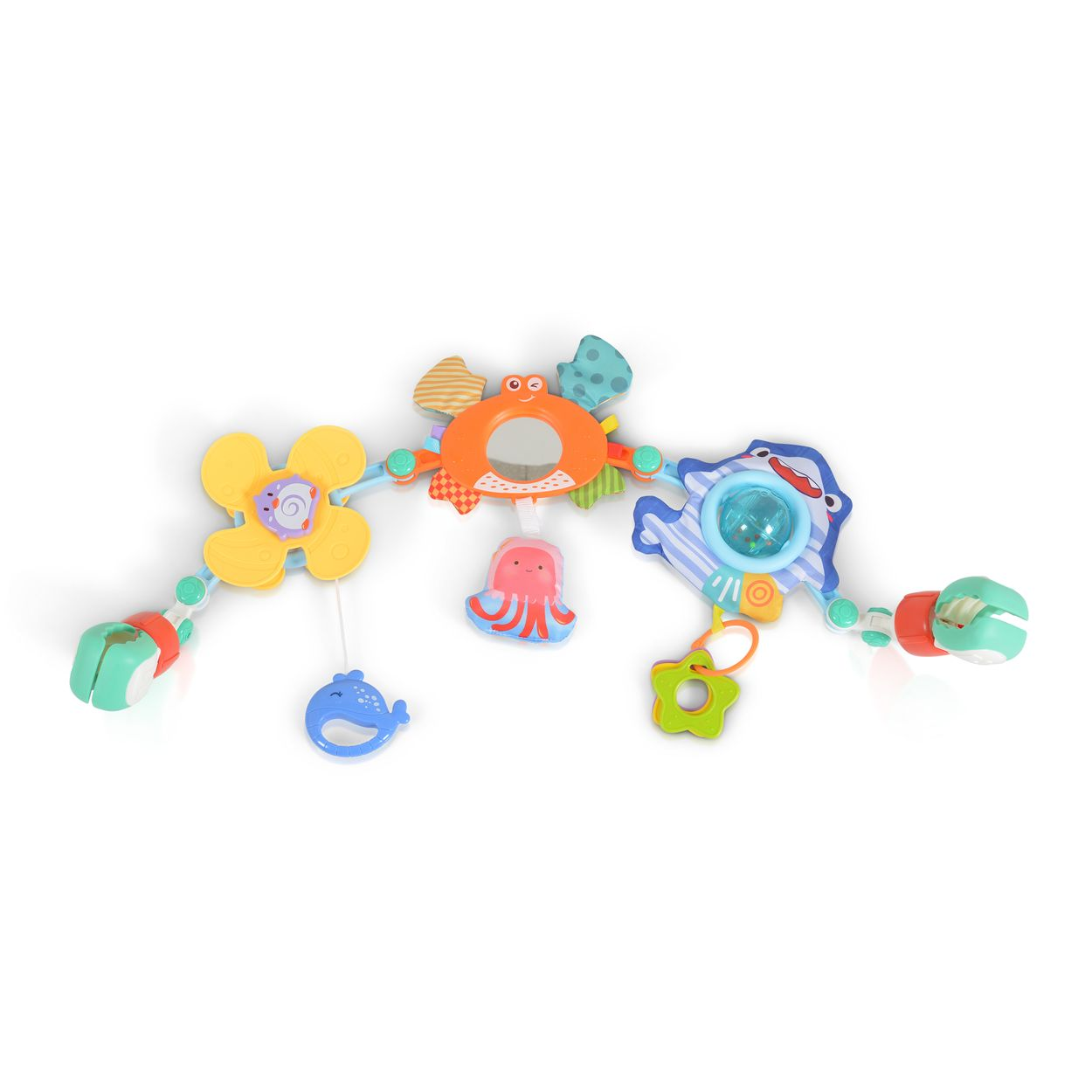 Buntes Baby-Spielzeug mit Meerestieren, Spiegel und Klapperteilen auf weißem Hintergrund.