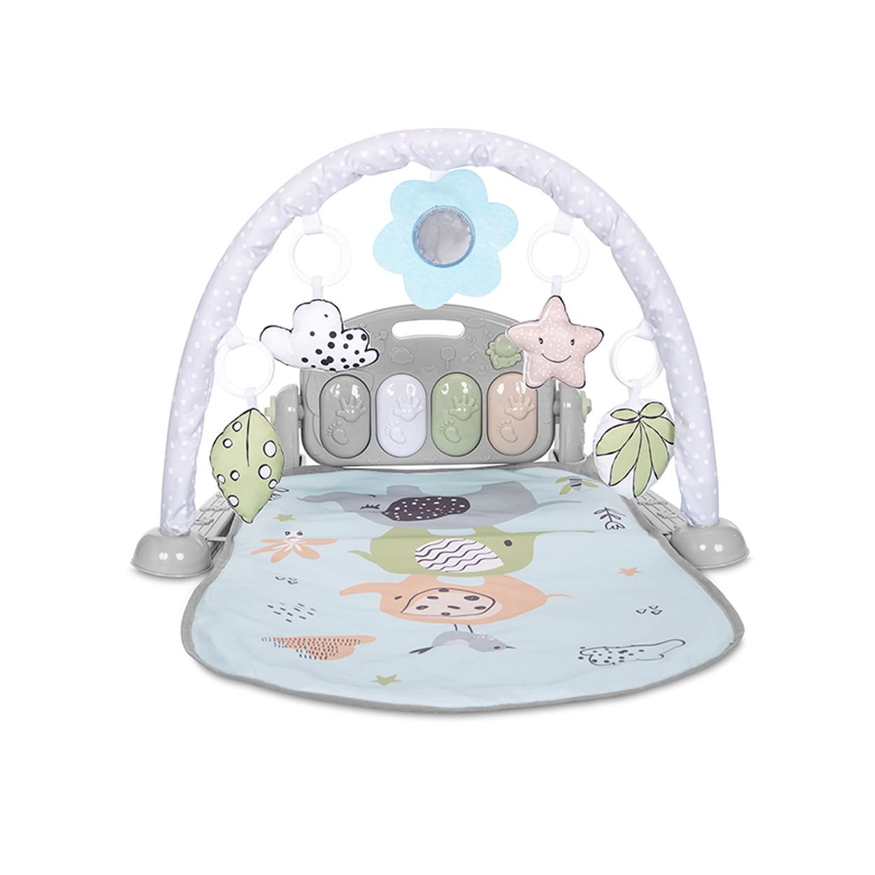 Babyspielbogen mit blauer Matte, Klaviertasten und hängendem Spielzeug wie Wolke und Stern.