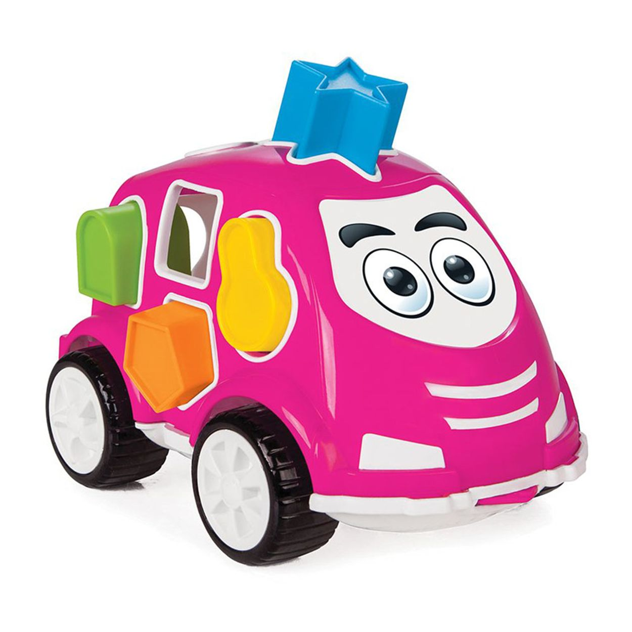 Ein rosafarbenes Spielzeugauto mit bunten Steckformen und großen weißen Augen auf der Windschutzscheibe.
