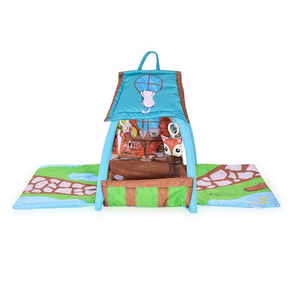 Ein buntes Babyspielzelt mit blauem Dach und Spielmatten mit Tierillustrationen und Wegen.