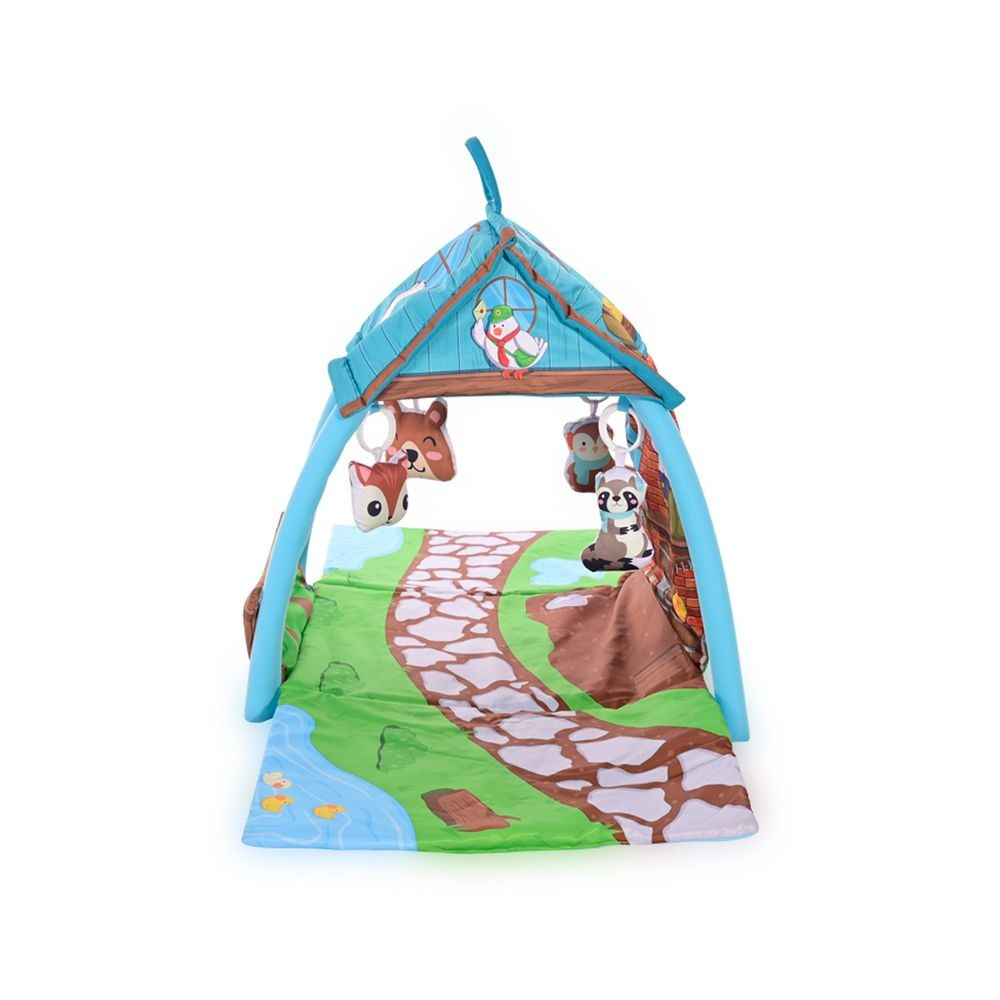 Buntes Baby-Spielzelt mit Hängespielzeug und bedruckter Matte mit Steinweg.