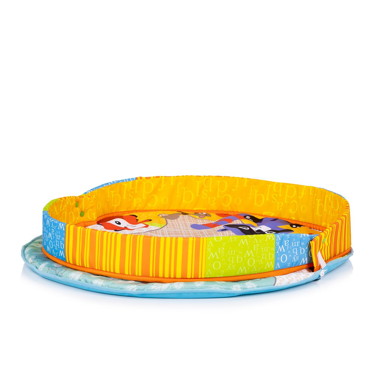 Buntes Baby-Spielnest mit erhöhtem Rand und Tiermotiven auf weißem Hintergrund.