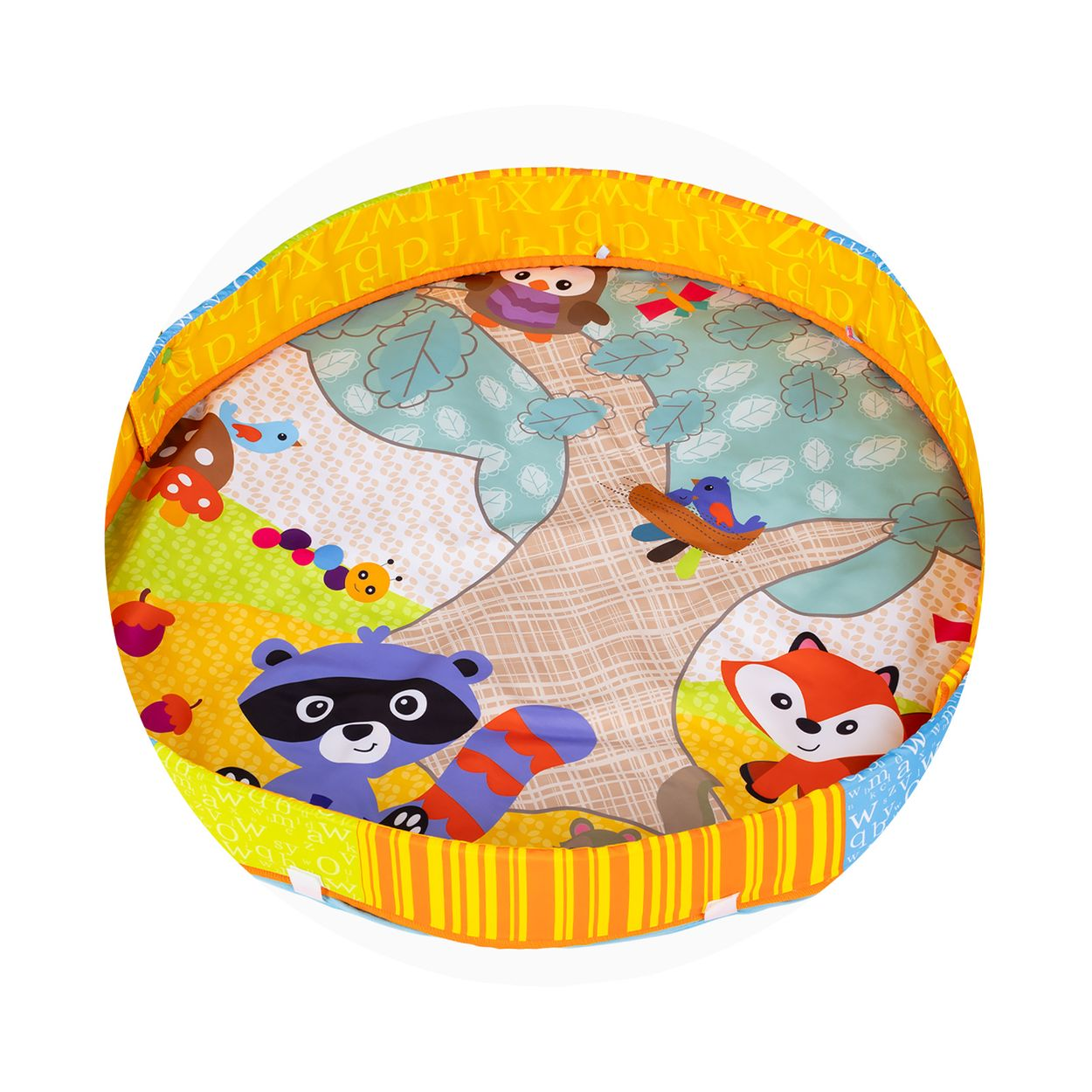 Runde, bunte Baby-Spielmatte mit Waldtieren wie Waschbär, Fuchs und Eule auf grünem Grund.