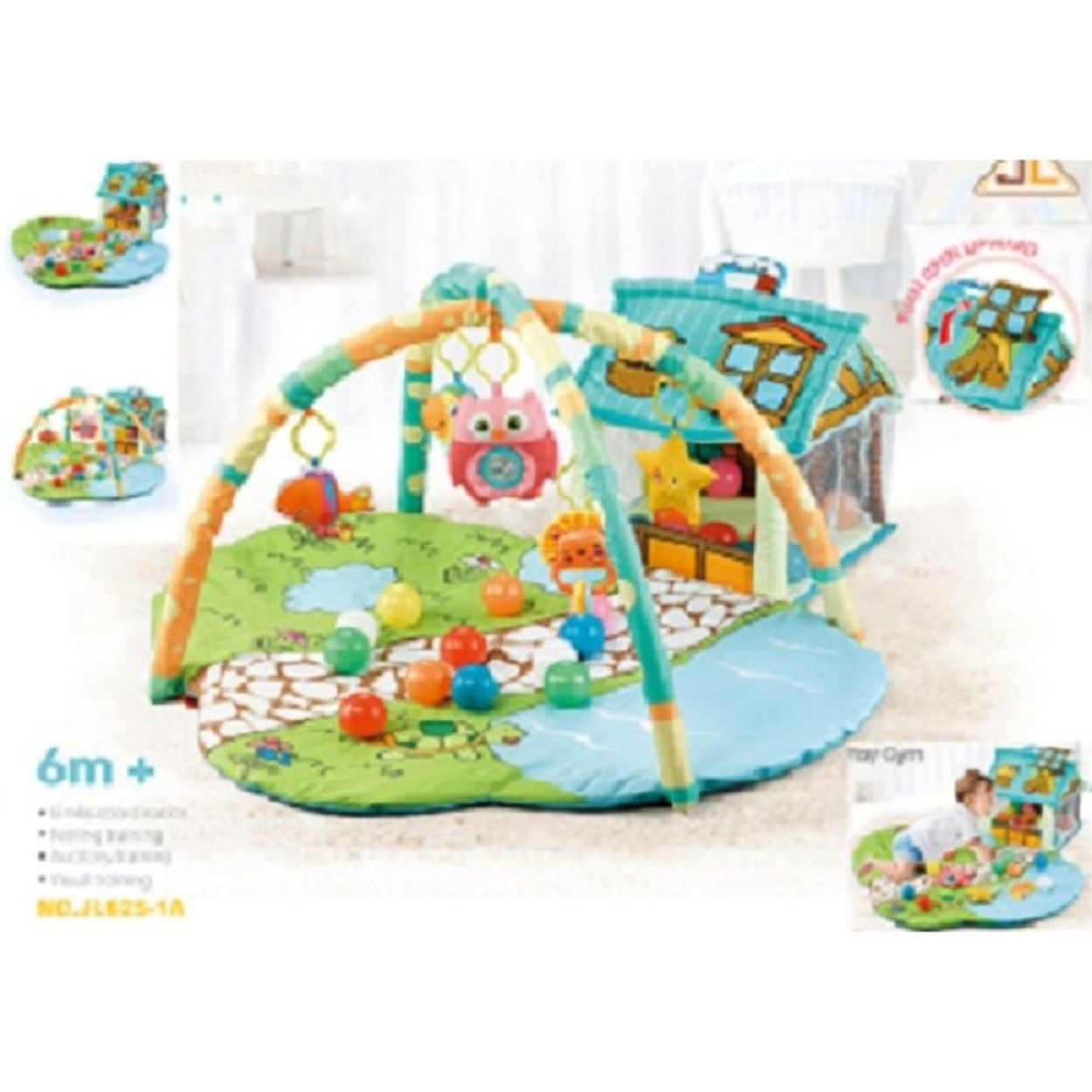 Buntes Babyspielnest mit grünem Boden, Spielbogen, hängenden Plüschtieren und einem kleinen blauen Stoffhaus.