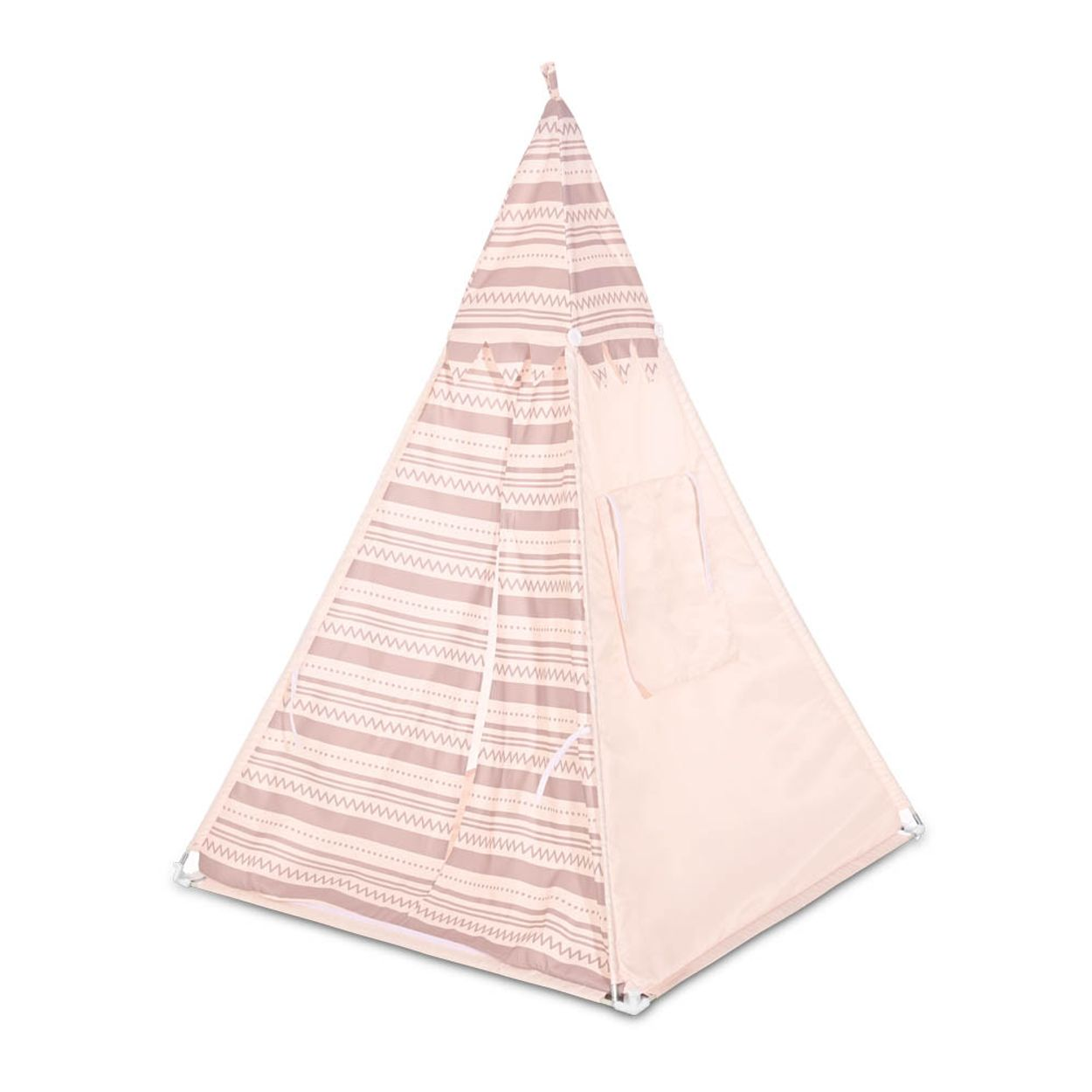 Ein rosafarbenes Kinderspielzelt im Tipi-Stil mit Streifen und Mustern auf weißem Hintergrund.