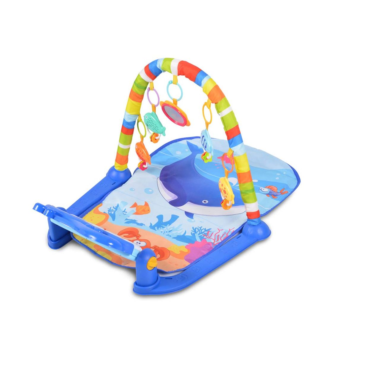 Bunte Babyspieldecke mit Ozeanmotiv, Hängeleiste und Spielzeug.